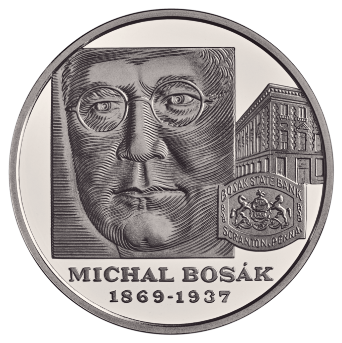 Strieborná zberateľská eurominca v hodnote 10 eur k 150. výročiu narodenia Michala Bosáka
Michal Bosák (10. 12. 1869 – 18. 2. 1937) – americký bankár zo Šariša – patril medzi najvýznamnejších predstaviteľov komunity amerických Slovákov. Po odchode do Ameriky sa cez rôzne podnikateľské aktivity dopracoval až k založeniu vlastnej súkromnej banky Michal Bosak Privat Bank v meste Olyphant. Zároveň sa podieľal na budovaní ďalších bánk a peňažných ústavov v Pensylvánii. Paralelne s podnikaním sa angažoval v národnom hnutí amerických Slovákov a bol aj signatárom Pitsburskej dohody. Po skončení vojny a vzniku ČSR viackrát navštívil národne oslobodené Slovensko a finančne podporil viacero projektov. V roku 1920 založil v Bratislave Americko-slovenskú banku, ktorá postupne otvorila v Prahe a na ostatnom území ČSR spolu 12 pobočiek. V Prešove nechal pre banku postaviť reprezentatívne sídlo, dodnes známe ako Bosákova banka.