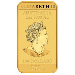 Mincovňa Perth venuje túto obdĺžnikovú zlatú mincu čínskemu drakovi. V čínskej kultúre je drak uctievaný ako božské bájne stvorenie, symbol moci, sily, bohatstva a šťastia. Verí sa tiež, že draci sú vládcovia vody a počasia. Motív mince zobrazuje štylizovaného čínskeho draka. V dizajne je tiež zahrnutá značka mincovne „P“ v Perth Mint. Na zadnej strane je znázornená podobizeň kráľovnej Alžbety II. od autorky Jody Clarkovej, Menová nominálna hodnota „100 DOLÁROV“, rok 2021, váha a rýdzosť „1oz 9999 Au“. Razba je celosvetovo obmedzená iba na 8 888 kusov. Obdĺžniková minca zo zlata bola vyrazená z jednej unce 99,99% rýdzeho zlata a dodáva sa v ochrannej kapsule