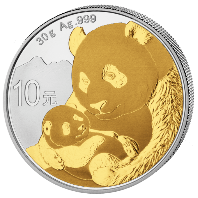 Čínska minca Panda je jednou z najobľúbenejších investičných mincí. Mince „Panda“ sú razené v zlate a striebre a majú každý rok nový dizajn. Táto čiastočne pozlátená minca Panda obsahuje 1 oz 0,999 rýdzeho striebra a je na nej vyobrazenie matky pandy, ktorá drží svoje mláďa. Časť mince spočívajúca z dvoch pánd je pozlátená. Taoistický chrám nebies v Pekingu je vždy zobrazený na zadnej strane mince.