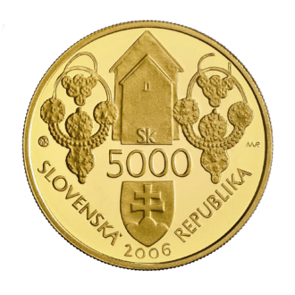 Veľkomoravský panovník Mojmír II.
Pamätná zlatá minca v hodnote 5 000 Sk 
Mojmír II., starší z dvoch synov veľkomoravského panovníka Svätopluka I., sa narodil po roku 871 a veľkomoravským kniežaťom sa stal po otcovej smrti roku 894. Mladý panovník nevedel udržať rozsiahlu ríšu a postupne stratil viaceré územia. V roku 896 sa ako spojenci vo veľkomoravskom Potisí usídlili Maďari. Krajinu poškodzovali spory Mojmíra s bratom Svätoplukom II., ktorého podporovali Bavori. Vojenská konfrontácia skončila v roku 899 víťazstvom Mojmíra, prispela však k jeho vojenskému oslabeniu. Úspechom bol príchod pápežských legátov, ktorí vysvätili nového moravského arcibiskupa a troch biskupov. Vlastná cirkevná jurisdikcia podporovala panovníka. Po príchode ďalších Maďarov do Potisia skončilo ich spojenectvo s Moravanmi a v roku 900 na Veľkú Moravu zaútočili. Mojmír zanechal spory s Bavormi a v roku 901 s nimi uzavrel protimaďarské spojenectvo. Silný maďarský útok v roku 906 však veľkomoravský štát rozvrátil. Je pravdepodobné, že Mojmír II., posledný veľkomoravský panovník, zahynul pri obrane krajiny okolo roku 906.