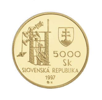 Svetové dedičstvo UNESCO Banská Štiavnica a technické pamiatky jej okolia 
Pamätná zlatá minca v hodnote 5 000 Sk 
Banská Štiavnica, najstaršie banské mesto na Slovensku, mala dominantné postavenie v Európe už začiatkom 13. storočia. Na listine vydanej už v roku 1275 sa zachovala najstaršia známa mestská pečať v stredovekom Uhorsku. Od 13. do 19. storočia bola jedným z najvýznamnejších stredísk ťažby zlata a striebra a súčasne najvýznamnejším centrom banskej vedy, techniky a školstva. V meste a jeho okolí bol v 18. storočí dobudovaný najdômyselnejší banský vodohospodársky systém na svete s progresívnou banskou, úpravníckou a vodočerpacou technikou. Svetový význam dosiahla zásluhou Banskej akadémie (1762-1919), ktorú tu zriadila panovníčka Mária Terézia ako prvú svojho druhu na svete. Pre jedinečné architektonické pamiatky ju roku 1950 vyhlásili za mestskú pamiatkovú rezerváciu. Banská Štiavnica a technické pamiatky jej okolia boli v decembri 1993 zapísané do Zoznamu svetového dedičstva UNESCO.