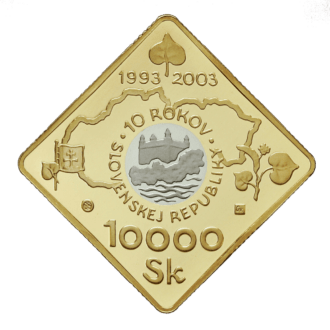 Vznik Slovenskej republiky - 10. výročie
Pamätná zlatá a paládiová bimetalová minca v hodnote 10 000 SkDemokratická revolúcia v novembri 1989 ukončila v Česko-Slovensku vládu komunistického režimu a umožnila zásadné spoločensko-ekonomické reformy. Priniesla aj riešenie štátoprávneho usporiadania, ktoré pre odlišné stanoviská rozhodujúcich politických síl na Slovensku a v Čechách vyústilo do dohody o rozdelení štátu.
Prvého januára 1993 vznikla samostatná Slovenská republika. Prihlásila sa k nezávislým a demokratickým štátom a prejavila vôľu spolupracovať so všetkými demokratickými krajinami sveta. Už v prvom roku svojej existencie sa stala členom OSN, Rady Európy a podpísala dohodu o pridružení k Európskym spoločenstvám. V roku 2000 sa stala členom Organizácie pre ekonomickú spoluprácu a rozvoj, čím sa zaradila medzi 30 najvyspelejších krajín sveta. V roku 2002 sa zaradila medzi najvážnejších kandidátov na členstvo v NATO a Európskej únii.