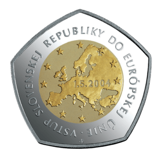 Vstup Slovenskej republiky do Európskej únie
Pamätná bimetalová zlatá a paládiová minca v hodnote 10000 Sk 
Európska únia je výsledkom procesu zjednocovania Európy, ktorý sa začal po druhej svetovej vojne. Jej predchodcami boli Európske spoločenstvo pre uhlie a oceľ (1951), Európske spoločenstvo pre atómovú energiu a Európske hospodárske spoločenstvo (1957). K ich zakladajúcim štátom – Belgicku, Francúzsku, Holandsku, Luxembursku, Nemecku a Taliansku – sa postupne pridali Dánsko, Írsko, Veľká Británia, Grécko, Španielsko a Portugalsko. Po vzniku EÚ pristúpili Fínsko, Rakúsko a Švédsko. Názov Európska únia bol prijatý vo februári 1992, keď bola v Maastrichte podpísaná Zmluva o Európskej únii, ktorá vstúpila do platnosti v novembri 1993. Európska únia je založená na zásadách slobody, demokracie, rešpektovaní ľudských práv a slobôd. Jej základným cieľom je podporovať udržateľný a vyvážený ekonomický a sociálny pokrok, najmä vytvorením zóny bez vnútorných hraníc, posilňovaním ekonomickej a sociálnej súdržnosti a zavedením hospodárskej a menovej únie s jednotnou menou. 
Prvého mája 2004 sa uskutočnilo najväčšie rozširovanie Európskej únie v jej histórii a k doterajším 15 členským krajinám pribudlo desať nových – Cyprus, Česko, Estónsko, Litva, Lotyšsko, Maďarsko, Malta, Poľsko, Slovensko a Slovinsko.