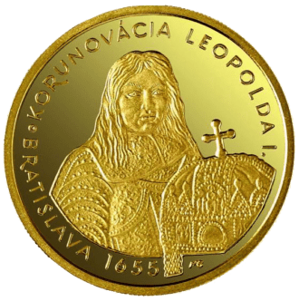 Bratislavské korunovácie - 350. výročie korunovácie Leopolda I. 
Pamätná zlatá minca v hodnote 5 000 Sk 
V prvej tretine 16. storočia ohrozovali Uhorsko nájazdy Turkov. Po obsadení hlavného mesta Budína rozhodol Uhorský snem v roku 1536, že hlavným a korunovačným mestom Uhorska bude Prešporok (dnešná Bratislava). V rokoch 1563 – 1830 bolo v gotickom Dóme sv. Martina korunovaných 11 panovníkov a 8 kráľovských manželiek. 
Ako šiesty z uhorských kráľov bol v Prešporku korunovaný Leopold I. Korunovácia mladého princa sa uskutočnila 27. júna 1655. Vlády sa ujal v roku 1657 a panoval až do svojej smrti v roku 1705. Jeho takmer polstoročnú vládu poznačili viaceré protihabsburské povstania a najmä protiturecké vojny. Turecko v nich utrpelo najväčšie porážky a Turci boli vyhnaní z Uhorska. Habsburská monarchia, ktorá bola dovtedy len voľným zväzkom krajín strednej Európy, dostala pevné základy a stala sa poprednou európskou monarchiou.