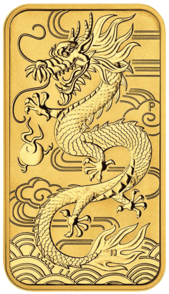 Táto zlatá minca obdĺžnikového formátu predstavuje novú sériu z dielne Perth Mint a síce čínskeho draka. V čínskej kultúre je drak uctievaný ako božské bájne stvorenie, symbol moci, sily, bohatstva a šťastia. Na líci mince je vyobrazený obraz Jej Veličenstva kráľovnej Alžbety II., od umelca Iana Rank-Broadleya, nominálna hodnota, rok 2018, váha a rýdzosť.