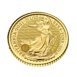 Ročník 2021 mince Britannia bol vyrazený Britskou kráľovskou mincovňou z jednej desatiny unce 99,99% rýdzeho zlata a zobrazuje ako každý rok Britanniu. Ženská postava v brnení je symbolom vlastenectva krajiny. Tento motív je obklopený nápismi „Britannia 2021“ a „1/10 OZ 9999 FINE GOLD“. Na zadnej strane je vyobrazený obraz Jej Veličenstva kráľovnej Alžbety II. Zlatá minca Britannia je vydávaná Britskou kráľovskou mincovňou od roku 1987. Zlatá minca sa dodáva voľne bez obalu.