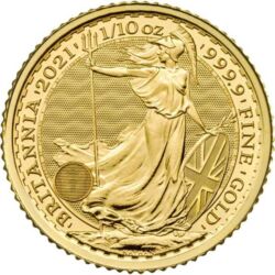 Ročník 2021 mince Britannia bol vyrazený Britskou kráľovskou mincovňou z jednej desatiny unce 99,99% rýdzeho zlata a zobrazuje ako každý rok Britanniu. Ženská postava v brnení je symbolom vlastenectva krajiny. Tento motív je obklopený nápismi „Britannia 2021“ a „1/10 OZ 9999 FINE GOLD“. Na zadnej strane je vyobrazený obraz Jej Veličenstva kráľovnej Alžbety II. Zlatá minca Britannia je vydávaná Britskou kráľovskou mincovňou od roku 1987. Zlatá minca sa dodáva voľne bez obalu.