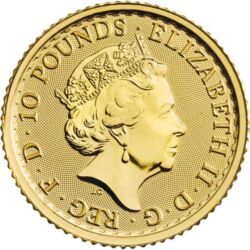 Ročník 2021 mince Britannia bol vyrazený Britskou kráľovskou mincovňou z jednej desatiny unce 99,99% rýdzeho zlata a zobrazuje ako každý rok Britanniu. Ženská postava v brnení je symbolom vlastenectva krajiny. Tento motív je obklopený nápismi „Britannia 2021“ a „1/10 OZ 9999 FINE GOLD“. Na zadnej strane je vyobrazený obraz Jej Veličenstva kráľovnej Alžbety II. Zlatá minca Britannia je vydávaná Britskou kráľovskou mincovňou od roku 1987. Zlatá minca sa dodáva voľne bez obalu.