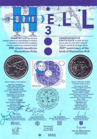 Pamätný list prvého dňa predaja striebornej zberateľskej mince nominálnej hodnoty 10 euro s motívom "Maximilián Hell - 300. výročie narodenia".
Náklad: 2000 kusov