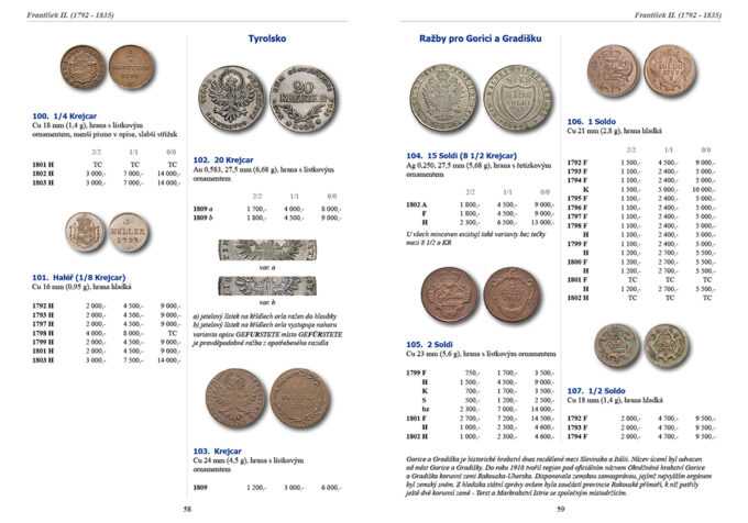 Mince a medaile 19. století (1792 - 1918)
František II. - Karol I.
Novo spracovaný ucelený katalóg mincí panovníkov 19. storočia. Všetky mince ocenené v troch kategóriách podľa aktuálnych trhových cien. Veľa informácií je v vďaka tejto publikácii zverejnených vôbec prvýkrát, doplnené historickými dátami a odkami. Nezpochybniteľne potrebný cenník/katalóg pre zberateľov tohto obdobia.
192 strán, formát A5Autor: Roman Veselý
 