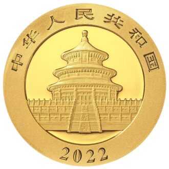 Čínska panda je nepochybne najpopulárnejšou a najlegendárnejšou mincou. Vďaka každoročne sa meniacim motívom sú čínske mince Panda veľmi populárne medzi investormi a zberateľmi. Motív ročníka 2022 sú dve mláďatá pandy, ktoré sa hrajú v snehu a šmýkajú sa dolu svahom. Na počesť 40. výročia razenia tejto mince je na ľavej strane mince vyrytá špeciálna značka „40“. Na rube je každoročne identický obraz slávneho Nebeského chrámu v Pekingu. Národný symbol Číny je súčasťou svetového dedičstva UNESCO od roku 1998. Panda veľká, ktorá pochádza z Číny, je považovaná za symbol šťastia a všeobecne znamená harmóniu a trpezlivosť. Zlaté mince Panda od Čínskej ľudovej banky sa dodávajú zapečatené v pôvodnej plastovej fólii.