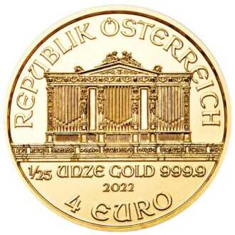 Skutočná klasika – Zlaté Investičné mince „Viedenská filharmónia“, ktoré boli vydané prvýkrát v roku 1989, a odvtedy patria k najvyhľadávanejším zlatým minciam na celom svete. Emisiu roku 2022 vyrazila rakúska mincovňa z 1/25 unce 99,99% čistého zlata. Ikonická minca „Viedenská filharmónia“ má rovnaký motív od svojho vzniku a predstavuje niekoľko nástrojov viedenského orchestra – viedenský roh, violončelo, harfu, fagot a husle. Na lícnej strane je umiestnený slávny píšťalový organ zo zlatej sály viedenského Musikvereinu, ktorý je uznávaný po celom svete ako pozadie novoročných koncertov filharmónie. Zlatá minca sa dodáva voľne bez balenia.