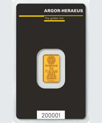 Investičná zlatá tehlička Argor-Heraeus, 2 g, rýdzosť 999,9/1000, Švajčiarsko.