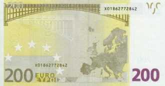 200 EURO, 2002, Séria "X", Nemecko
Tlačová doska: R005D4
Podpis: Wim Duisenberg
Stav: UNC