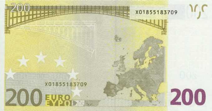 200 EURO, 2002, Séria "X", Nemecko
Tlačová doska: R006C4
Podpis: Wim Duisenberg
Stav: UNC