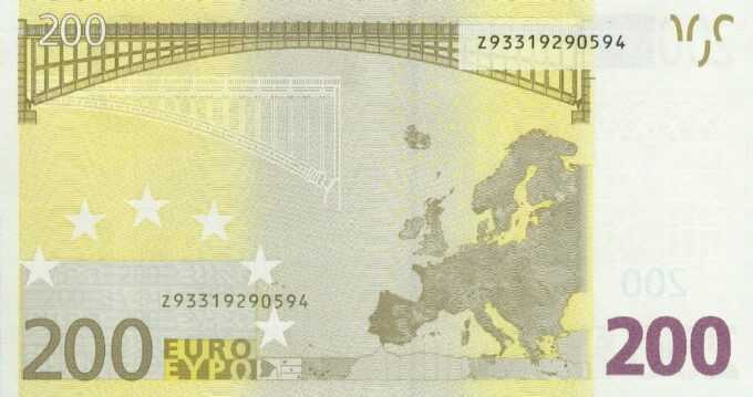 200 EURO, 2002, Séria "Z", Belgicko
Tlačová doska: T002D2
Sériové čísla: Z93319290594
Podpis: Mário Draghi
Stav: UNC
 