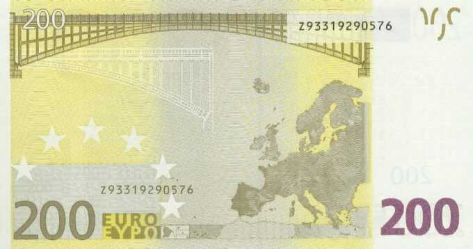 200 EURO, 2002, Séria "Z", Belgicko
Tlačová doska: T002D2
Sériové čísla: Z93319290594
Podpis: Wim Duisenberg
Stav: UNC
 