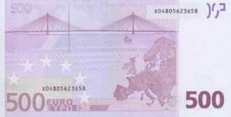 500 EURO, 2002, Séria "X", Nemecko
Tlačová doska: R010C4
Podpis: Jean-Claude Trichet
Stav: aUNC