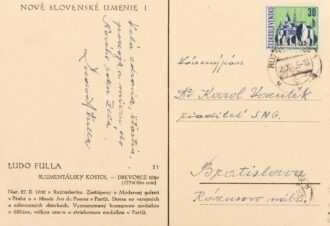 Ľudovít Fulla (1902 - 1980)
Pohľadnica – Blumentálsky kostol, adresovaná Dr. Karolovi Vaculíkovi od Ľudovíta Fullu - tlač na papieri, 10,5x15 cm, na zadnej strane podpis „Ľudovít Fulla“