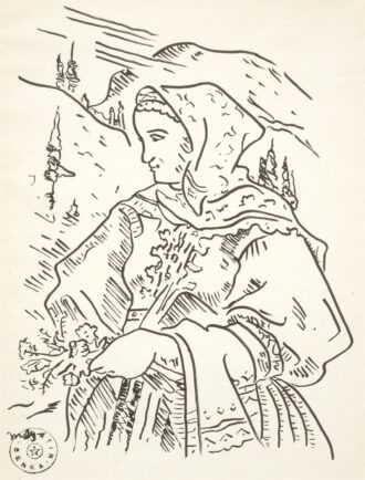 Martin Benka (1888 - 1971)
Dievča s kvetinami - kresba perom tušom na papieri, 27,5x20 cm, značené vľavo dole „M. B.“ + autorská pečiatka Martin Benka; rámovanie, pasparta, pod sklom
 