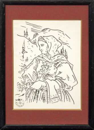 Martin Benka (1888 - 1971)
Dievča s kvetinami - kresba perom tušom na papieri, 27,5x20 cm, značené vľavo dole „M. B.“ + autorská pečiatka Martin Benka; rámovanie, pasparta, pod sklom
 
