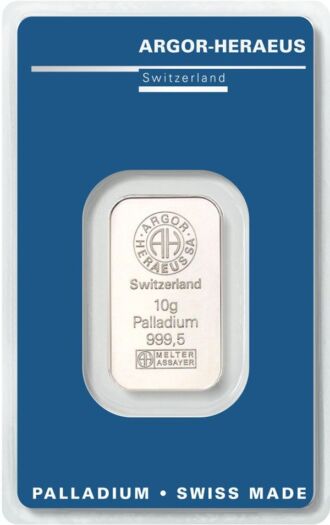 Investičná paládiová tehlička Argor-Heraeus, 10 g, rýdzosť 999,5/1000, Švajčiarsko.