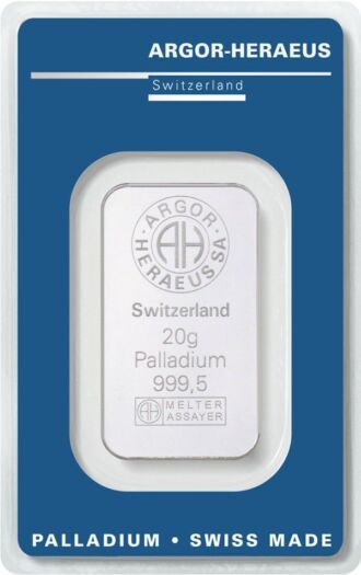 Investičná paládiová tehlička Argor-Heraeus, 20 g, rýdzosť 999,5/1000, Švajčiarsko.