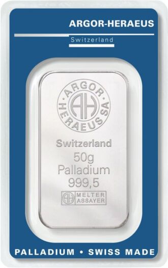 Investičná paládiová tehlička Argor-Heraeus, 50 g, rýdzosť 999,5/1000, Švajčiarsko.