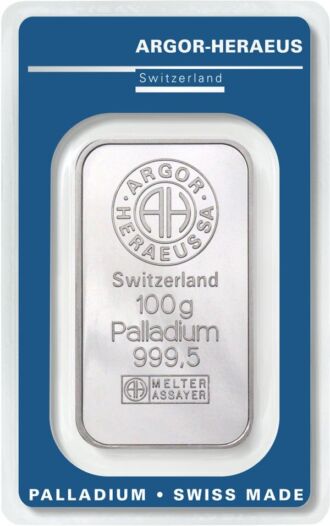 Investičná paládiová tehlička Argor-Heraeus, 100 g, rýdzosť 999,5/1000, Švajčiarsko.