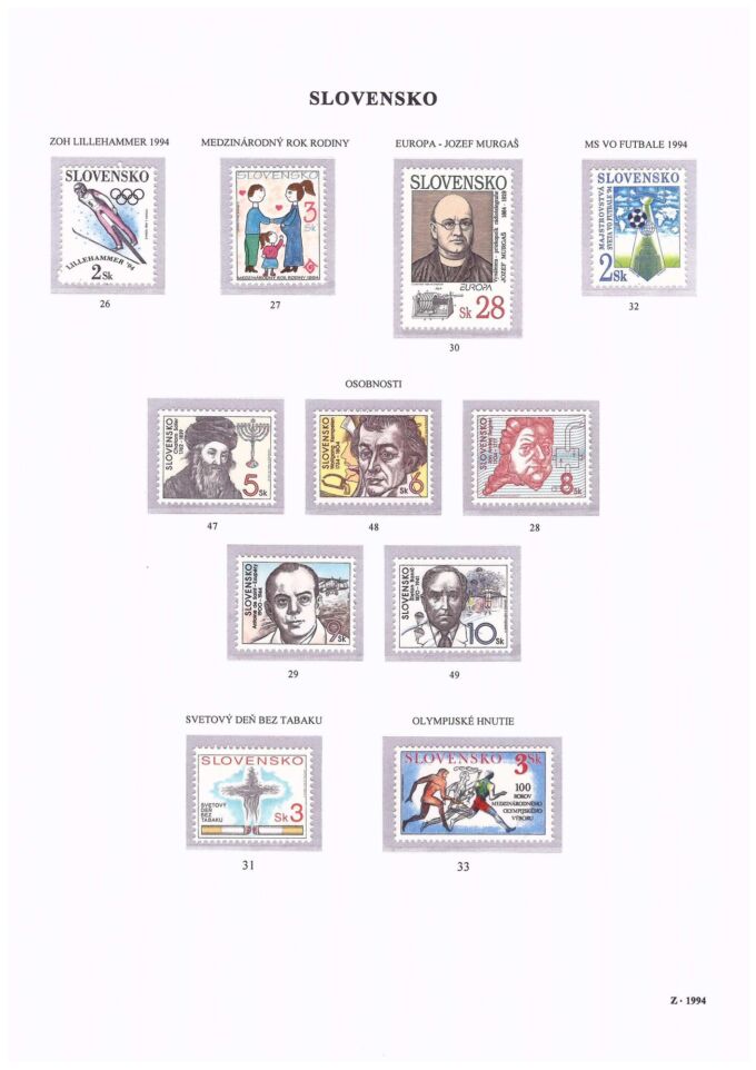Slovenská republika 1994. Kompletná generálna zbierka známok, rok 1994 + albumové listy - základný variant.