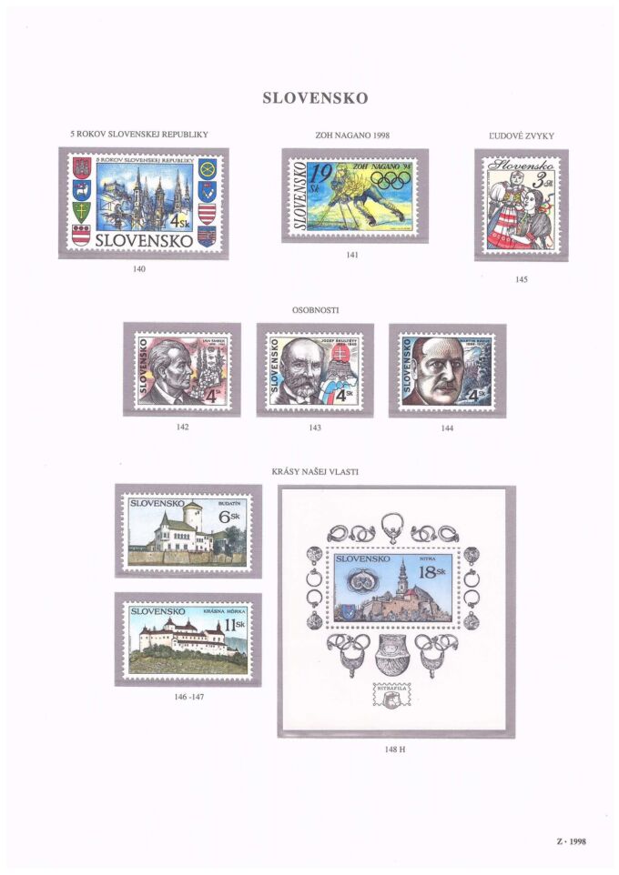 Slovenská republika 1998. Kompletná generálna zbierka známok, rok 1998 + albumové listy - základný variant.
