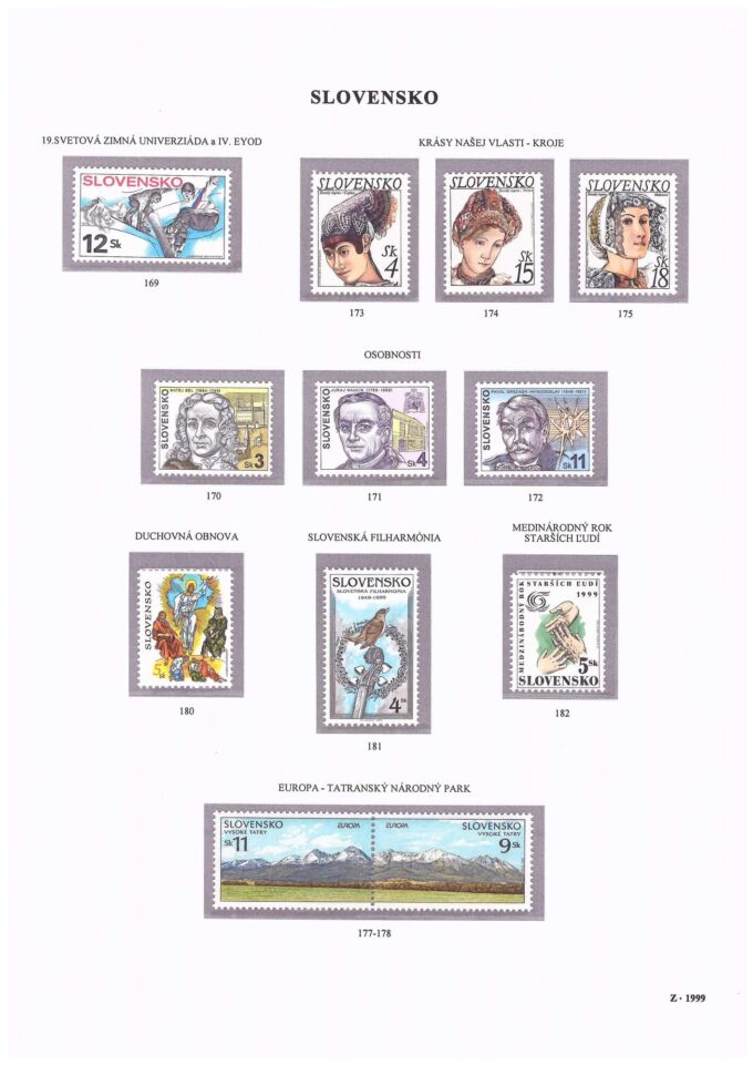 Slovenská republika 1999. Kompletná generálna zbierka známok, rok 1999 + albumové listy - základný variant.