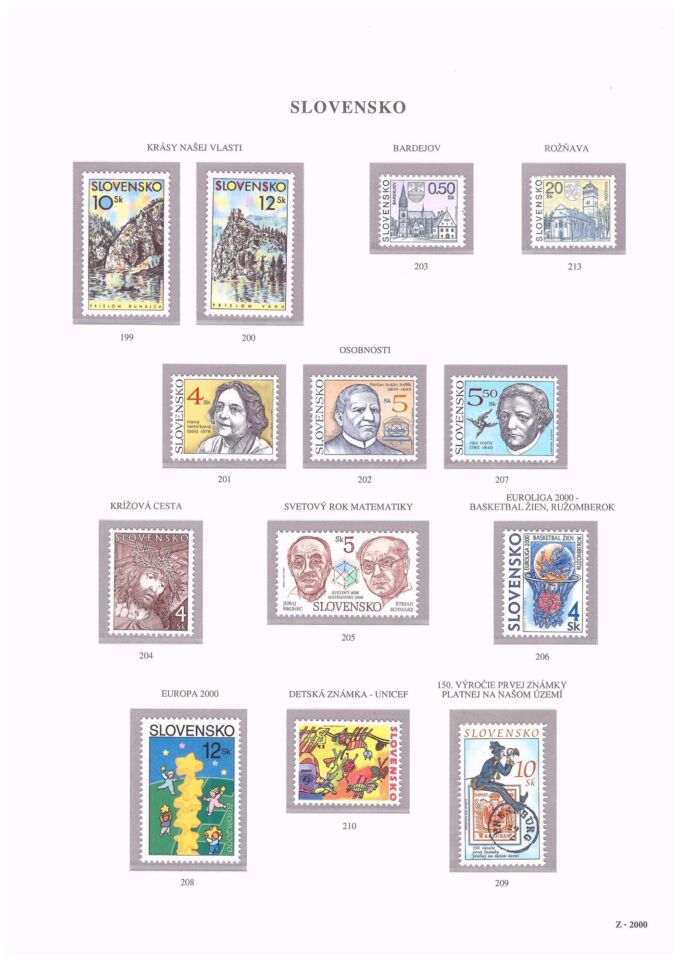 Slovenská republika 2000. Kompletná generálna zbierka známok, rok 2000 + albumové listy - základný variant.