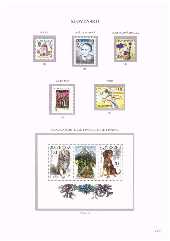 Slovenská republika 2007. Kompletná generálna zbierka známok, rok 2007 + albumové listy - základný variant.