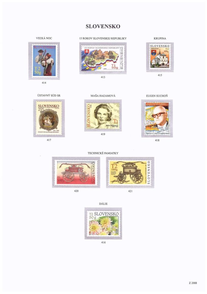 Slovenská republika 2008. Kompletná generálna zbierka známok, rok 2008 + albumové listy - základný variant.