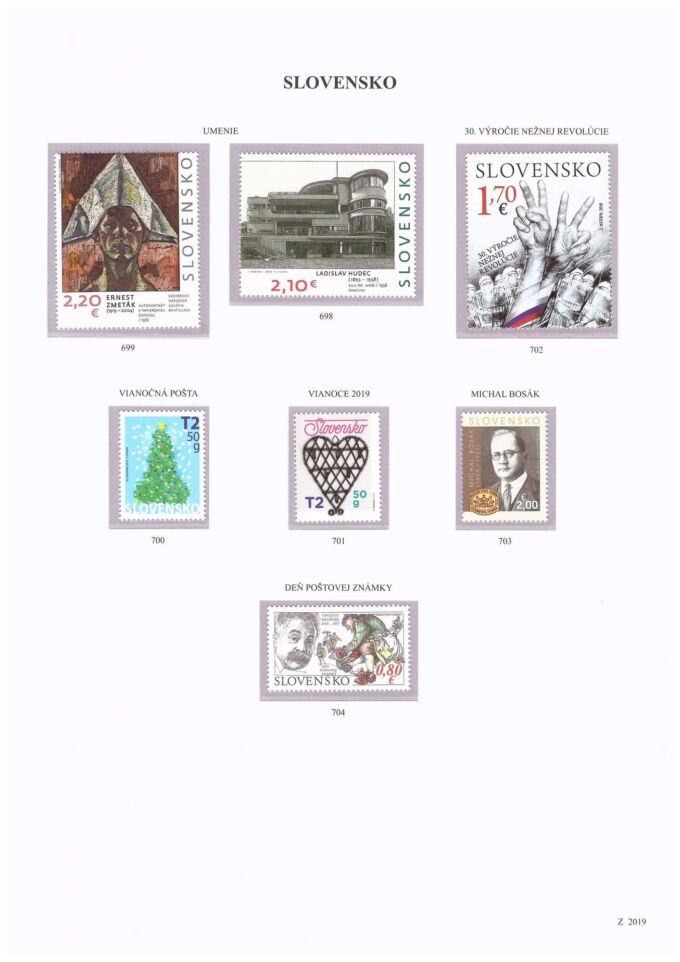 Slovenská republika 2019. Kompletná generálna zbierka známok, rok 2019 + albumové listy - základný variant.