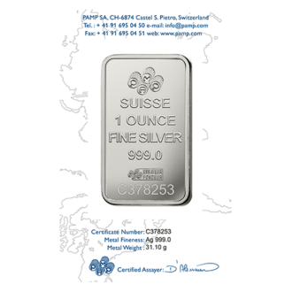 Investičná strieborná tehlička PAMP Suisse "Lady Fortuna", 1 Oz (31,1 g), rýdzosť 999/1000, Švajčiarsko.