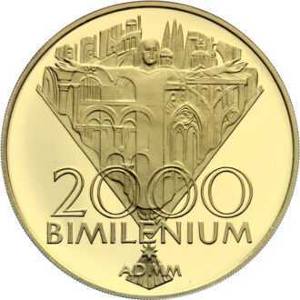 Jubilejný rok 2000 - bimilénium
Pamätná zlatá minca v hodnote 10 000 Sk 
Jubilejný rok 2000 predstavuje významný časový medzník v dejinách ľudstva, je posledným rokom dvadsiateho storočia a súčasne posledným rokom druhého tisícročia. Je zároveň "magickým rokom", v ktorom sa zmenia všetky číslice letopočtu. 
Kresťanský svet sa chystá osláviť toto unikátne výročie predovšetkým ako dvetisíce výročie narodenia Ježiša Krista. Jeho posolstvo obety a lásky je stále aktuálne a svojím všeľudským obsahom oslovuje nielen kresťanov, ale aj príslušníkov iných náboženstiev i ľudí bez vyznania. Prelom tisícročí ponúka tiež možnosť pripomenúť si historické medzníky v dejinách národov i celého ľudstva, je príležitosťou na zamyslenie sa nad budúcnosťou, ktorú v značnej miere ovplyvní duchovná a kultúrna úroveň ľudstva, jeho schopnosť vzájomnej pomoci, spolupráce, porozumenia a tolerancie.