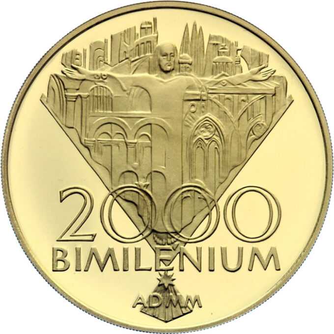 Jubilejný rok 2000 - bimilénium
Pamätná zlatá minca v hodnote 10 000 Sk
Jubilejný rok 2000 predstavuje významný časový medzník v dejinách ľudstva, je posledným rokom dvadsiateho storočia a súčasne posledným rokom druhého tisícročia. Je zároveň "magickým rokom", v ktorom sa zmenia všetky číslice letopočtu.
Kresťanský svet sa chystá osláviť toto unikátne výročie predovšetkým ako dvetisíce výročie narodenia Ježiša Krista. Jeho posolstvo obety a lásky je stále aktuálne a svojím všeľudským obsahom oslovuje nielen kresťanov, ale aj príslušníkov iných náboženstiev i ľudí bez vyznania. Prelom tisícročí ponúka tiež možnosť pripomenúť si historické medzníky v dejinách národov i celého ľudstva, je príležitosťou na zamyslenie sa nad budúcnosťou, ktorú v značnej miere ovplyvní duchovná a kultúrna úroveň ľudstva, jeho schopnosť vzájomnej pomoci, spolupráce, porozumenia a tolerancie.