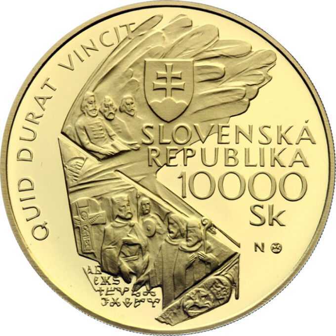 Jubilejný rok 2000 - bimilénium
Pamätná zlatá minca v hodnote 10 000 Sk
Jubilejný rok 2000 predstavuje významný časový medzník v dejinách ľudstva, je posledným rokom dvadsiateho storočia a súčasne posledným rokom druhého tisícročia. Je zároveň "magickým rokom", v ktorom sa zmenia všetky číslice letopočtu.
Kresťanský svet sa chystá osláviť toto unikátne výročie predovšetkým ako dvetisíce výročie narodenia Ježiša Krista. Jeho posolstvo obety a lásky je stále aktuálne a svojím všeľudským obsahom oslovuje nielen kresťanov, ale aj príslušníkov iných náboženstiev i ľudí bez vyznania. Prelom tisícročí ponúka tiež možnosť pripomenúť si historické medzníky v dejinách národov i celého ľudstva, je príležitosťou na zamyslenie sa nad budúcnosťou, ktorú v značnej miere ovplyvní duchovná a kultúrna úroveň ľudstva, jeho schopnosť vzájomnej pomoci, spolupráce, porozumenia a tolerancie.