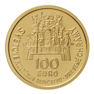 Zlatá zberateľská minca v nominálnej hodnote 100 eur
Svetové kultúrne dedičstvo Drevené chrámy v slovenskej časti karpatského oblúka
V roku 2008 bola do Zoznamu svetového dedičstva UNESCO zapísaná ďalšia kultúrna lokalita zo Slovenskej republiky ¦ drevené chrámy v slovenskej časti karpatského oblúka. Zápis zahŕňa osem chrámov, ktoré boli postavené v 16. - 18. storočí. Zaraďujú sa medzi najcennejšie historické architektúry Slovenska, predstavujú jedinečnú symbiózu kresťanstva a ľudovej architektúry a dobre ilustrujú spolužitie troch kresťanských konfesií. Rímskokatolícke chrámy sa nachádzajú v Hervartove (Kostol sv. Františka z Assisi) a Tvrdošíne (Kostol Všetkých svätých), gréckokatolícke v Bodružali (Chrám sv. Mikuláša), Ladomirovej (Chrám sv. Michala archanjela) a Ruskej Bystrej (Chrám sv. Mikuláša biskupa) a artikulárne evanjelické kostoly sú v Kežmarku, Leštinách a Hronseku.
Pri ich budovaní uplatňovali ľudoví stavitelia predovšetkým dôvernú znalosť dreva, jeho vlastností a možností. K spoločným znakom chrámov patria prevažujúce zrubové, v menšej miere stĺpikové konštrukcie. V ich typologickej rôznorodosti sa odrážajú konfesionálne odlišnosti, vplyv slohových období a osobitosti regiónov. V chrámoch sa zachovala hodnotná interiérová výzdoba.