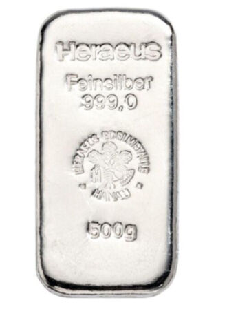 Strieborná tehla/tehlička od nemeckej rafinérie Heraeus (Argor-Heraeus), akreditovanej burzou LBMA.