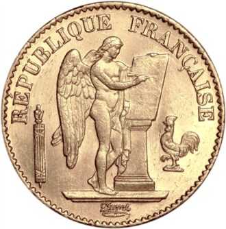 20 Frankov (Stojaci anjel) 1871-1906 zlatá minca - Francúzska ríša