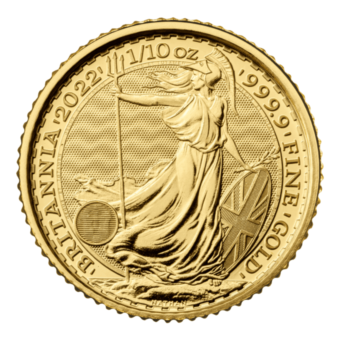 Ročník 2022 mince Britannia bol vyrazený Britskou kráľovskou mincovňou z jednej desatiny unce 99,99% rýdzeho zlata a zobrazuje ako každý rok Britanniu. Ženská postava v brnení je symbolom vlastenectva krajiny. Tento motív je obklopený nápismi „Britannia 2022“ a „1/10 OZ 9999 FINE GOLD“. Na zadnej strane je vyobrazený obraz Jej Veličenstva kráľovnej Alžbety II. Zlatá minca Britannia je vydávaná Britskou kráľovskou mincovňou od roku 1987. Zlatá minca sa dodáva voľne bez obalu.