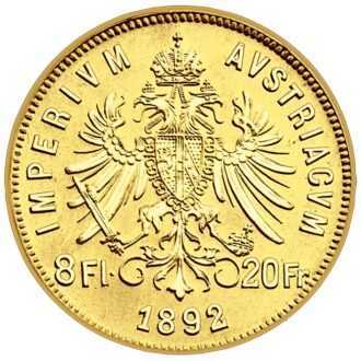 8 Guldenov alebo 20 Florinov/Frankov, tzv. osemzlatník z roku 1892 František Jozef I. - Novorazba
Pôvodná mena založená na striebre z 19. storočia bola uvedená do obehu v rámci Latinskej menovej únie, ktorá zahŕňa Francúzsko, Belgicko, Taliansko a Švajčiarsko. Rakúsko však až do roku 1892 razilo svoje zlaté, 4 a 8 guldenové mince.
Na rube mince je vyrytý rok 1892, kedy bol Gulden nakoniec nahradený korunami (Coronas). Latinská menová únia na druhej strane trvala až do začiatku prvej svetovej vojny. Jej členské krajiny súhlasili s emisiou mincí rovnakej hmotnosti, zliatiny, veľkosti a ekvivalentnej hodnoty. Rakúsko podpísalo predbežnú dohodu v roku 1867, ale nesplnilo menové kritérium pre členstvo. Na líci mince je zobrazený profil cisára Františka Jozefa, ktorý vládol Rakúsko-Uhorsku v rokoch 1848 až 1916.
Novorazené guldeny sú dostupné v nominálnej hodnote 4 alebo 8 guldenov.