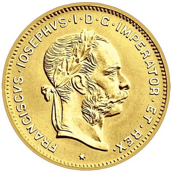 4 Guldeny alebo 10 Florinov/Frankov, tzv. štvorzlatník z roku 1892 František Jozef I. - Novorazba
Pôvodná mena založená na striebre z 19. storočia bola uvedená do obehu v rámci Latinskej menovej únie, ktorá zahŕňa Francúzsko, Belgicko, Taliansko a Švajčiarsko. Rakúsko však až do roku 1892 razilo svoje zlaté, 4 a 8 guldenové mince.
Na rube mince je vyrytý rok 1892, kedy bol Gulden nakoniec nahradený korunami (Coronas). Latinská menová únia na druhej strane trvala až do začiatku prvej svetovej vojny. Jej členské krajiny súhlasili s emisiou mincí rovnakej hmotnosti, zliatiny, veľkosti a ekvivalentnej hodnoty. Rakúsko podpísalo predbežnú dohodu v roku 1867, ale nesplnilo menové kritérium pre členstvo. Na líci mince je zobrazený profil cisára Františka Jozefa, ktorý vládol Rakúsko-Uhorsku v rokoch 1848 až 1916.
Novorazené guldeny sú dostupné v nominálnej hodnote 4 alebo 8 guldenov.