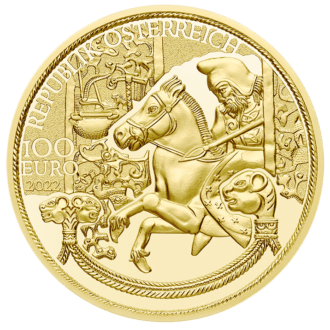 Skýtske ZLATO
2500 rokov pred našou dobou. Po euroázijských stepiach sa potulujú kočovníci: Skýti. Minca predstavuje ich talent pre vyvyšovanie divokých zvierat a ich neobyčajný zmysel pre krásu, ktorý prebúdza a živí magický lesk večne vzácneho materiálu: zlata.
Inšpirované zlatým pokladom Skýtov: veľmi špeciálna minca, ktorá spája radosť zo zbierania zlata so zvedavosťou o imaginárnych svetoch starých kultúr.
V strede hodnotovej strany je portrét skýtskeho jazdca, ktorý cvála do obrazu mince sprava. Jazdec a kôň sú čiastočne prekrytí ozdobným pásom. Kotol, pluh a sekera sú zakomponované do ďalšieho pásu ozdôb - vidno v pozadí.
Na druhej strane je zobrazený hlavný motív, zlatý exponát pravdepodobne z neskoršieho skýtskeho obdobia, zobrazujúci scénu bitky zvierat. Originál sa nachádza v múzeu Ermitáž v Petrohrade a pochádza zo zbierky cára Petra I.
 