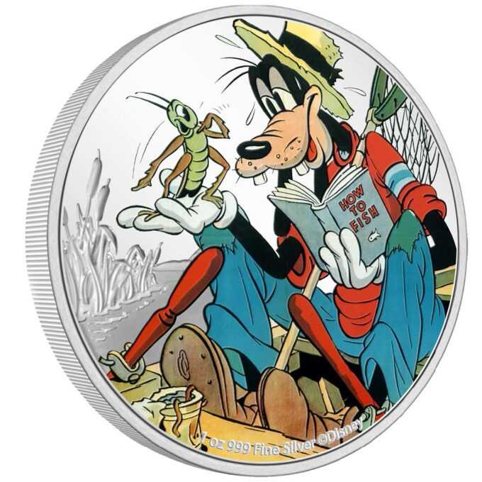 Na oslavu 90. výročia Goofy™ vydala novozélandská mincovňa túto striebornú mincu. Motív vyrobený z jednej unce 99,9% rýdzeho striebra v kvalite proof obsahuje farebné vyobrazenie Goofyho™ s jeho priateľom, kobylkou Wilbur™, počas spoločnej rybačky. Scéna pochádza z animovaného filmu „Goofy and Wilbur“, v ktorom Goofy™ prvýkrát dostal hlavnú úlohu. Hmotnosť, rýdzosť a autorské práva Disney™ sú tiež zahrnuté v dizajne. Na zadnej strane je podobizeň kráľovnej Alžbety II., ako aj nominálna hodnota a rok vydania.
Goofy™ sa prvýkrát objavil ako vedľajšia postava v máji 1932 v krátkom filme „Mickey´s Revue“. Odvtedy je nemožné predstaviť si vesmír Disney™ bez Mickeyho milého, užitočného a trochu nemotorného priateľa, ktorý stále poteší malých aj veľkých svojim vtipným vzhľadom a typickým chechtavým smiechom. Limitovaná razba iba 1 932 kusov vychádza z roku, v ktorom sa Goofy prvýkrát objavil. Farebná strieborná minca k 90. ??výročiu Goofy je dodávaná v originálnej krabičke vrátane očíslovaného certifikátu pravosti.
 