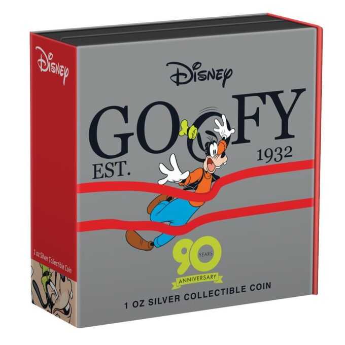 Na oslavu 90. výročia Goofy™ vydala novozélandská mincovňa túto striebornú mincu. Motív vyrobený z jednej unce 99,9% rýdzeho striebra v kvalite proof obsahuje farebné vyobrazenie Goofyho™ s jeho priateľom, kobylkou Wilbur™, počas spoločnej rybačky. Scéna pochádza z animovaného filmu „Goofy and Wilbur“, v ktorom Goofy™ prvýkrát dostal hlavnú úlohu. Hmotnosť, rýdzosť a autorské práva Disney™ sú tiež zahrnuté v dizajne. Na zadnej strane je podobizeň kráľovnej Alžbety II., ako aj nominálna hodnota a rok vydania.
Goofy™ sa prvýkrát objavil ako vedľajšia postava v máji 1932 v krátkom filme „Mickey´s Revue“. Odvtedy je nemožné predstaviť si vesmír Disney™ bez Mickeyho milého, užitočného a trochu nemotorného priateľa, ktorý stále poteší malých aj veľkých svojim vtipným vzhľadom a typickým chechtavým smiechom. Limitovaná razba iba 1 932 kusov vychádza z roku, v ktorom sa Goofy prvýkrát objavil. Farebná strieborná minca k 90. ??výročiu Goofy je dodávaná v originálnej krabičke vrátane očíslovaného certifikátu pravosti.
 