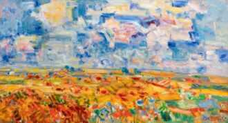 Dvorský Bohumír 1902 - 1976
Lentá krajina z Hané, olej na plátne 54 x 100 cm
Bohumír Dvorský sa mal stať kníhviazačom, zlákalo ho však maľovanie. V roku 1924 začal navštevovať Vysokú školu výtvarných umení, ateliér krajinomaľby pod vedením Otakara Nejedlého. Počas štúdií veľa cestoval; okrem ciest do južných Čiech cestoval maľovať do Talianska, Francúzska a Korziky. Po skončení štúdií žil na Ostravsku a pred začiatkom 2. svetovej vojny sa presťahoval na Svatý Kopeček pri Olomouci, kde žil až do svojej smrti.
Počas pôsobenia na akadémii bol výrazne ovplyvnený krajinárom Júliusom Mařákom a počas ciest do Francúzska ho výrazne inšpiroval výber farebných tónov a štýl Cézanna. Počas pobytu na Ostravsku venoval pozornosť priemyselnej krajine a spoločenským témam. V dôsledku toho sa zmenili aj farebné schémy jeho obrazov. Po presťahovaní do Hanakie sa farebné tóny oteplili a prevládajúcimi námetmi jeho obrazov boli kytice a takzvané ‚Kráľovské jazdy v ľudovom kroji‘.
Bohumír Dvorský patrí k najvýznamnejším moravským krajinárom, ktorí svoju tvorbu často prezentovali na zahraničných výstavách. V roku 1940 sa zúčastnil na Bienále v Benátkach a v roku 1948 opäť v Riu de Janeiro a Helsinkách ao rok neskôr v Štokholme. V roku 1971 mu bol udelený titul národný umelec. Rodičovský dom Bohumíra Dvorského je na Kirilovej ulici 238 v Paskove.
 